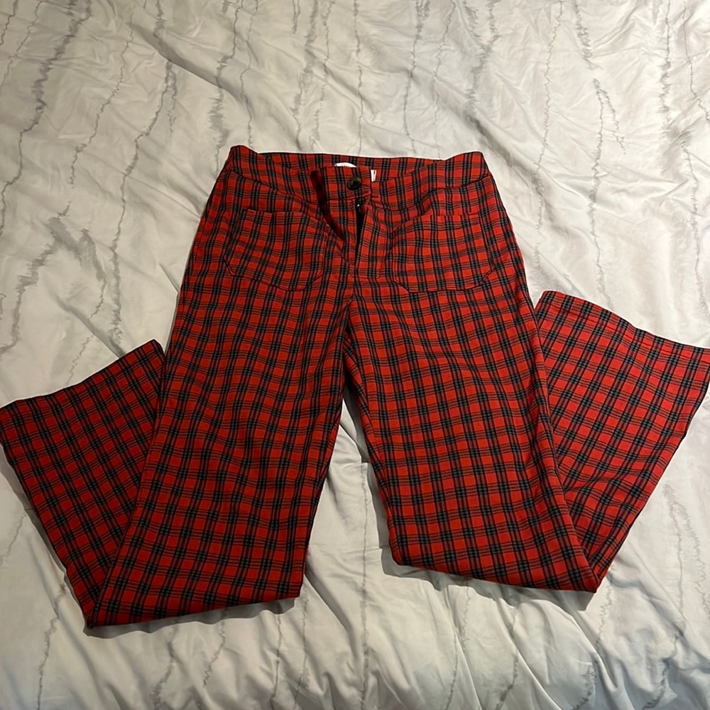 Red plaid flared pants.